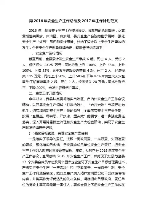 局2016年安全生产工作总结及2017年工作计划范文