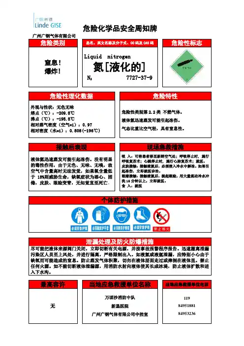 危险化学品安全周知卡(液氮)
