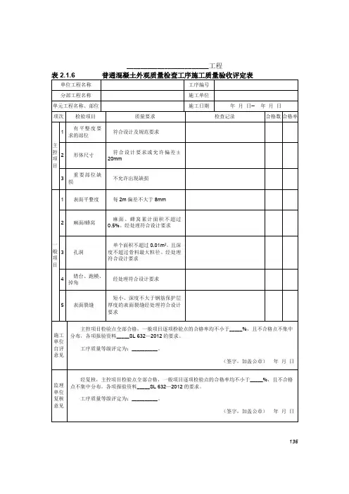 表2.1.6：普通混凝土外观质量检查工序施工质量验收评定表