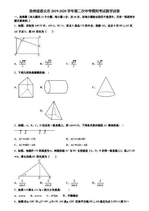 贵州省遵义市2019-2020学年第二次中考模拟考试数学试卷含解析