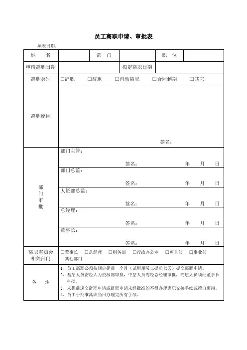 员工离职申请审批表