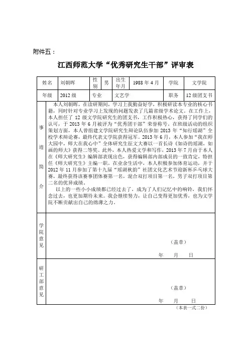 江西师范大学“优秀研究生干部”评审表