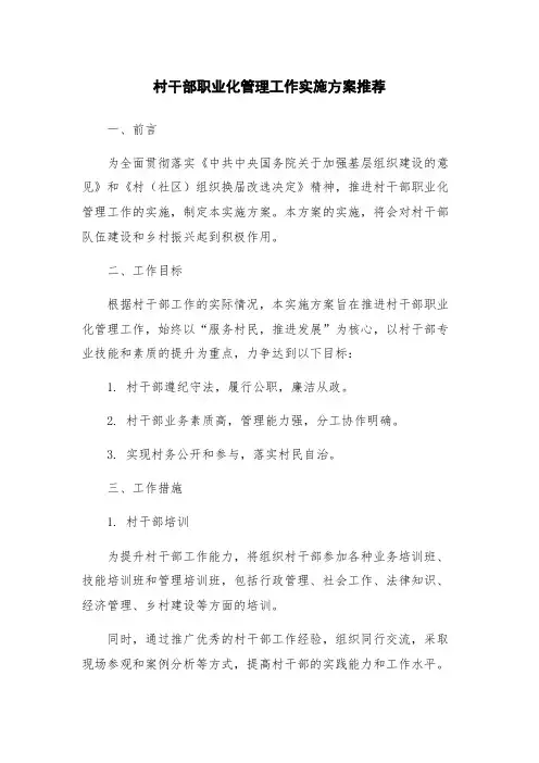 村干部职业化管理工作实施方案推荐