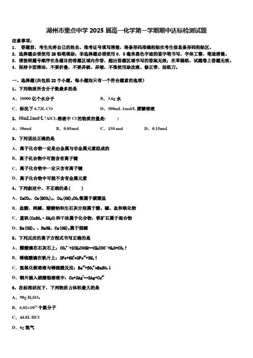 湖州市重点中学2025届高一化学第一学期期中达标检测试题含解析