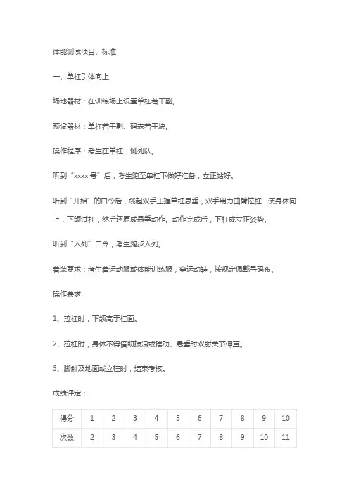 体能测试项目标准