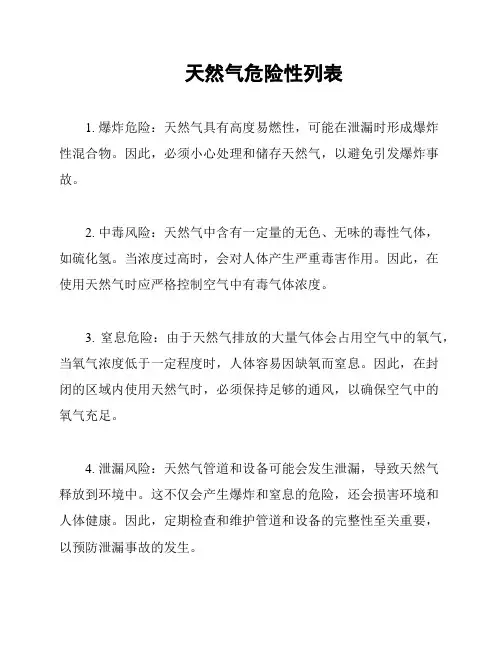 天然气危险性列表