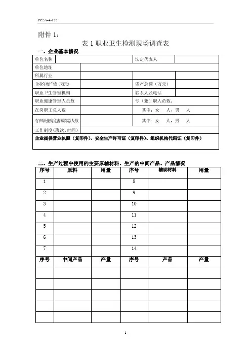 职业卫生检测现场调查表