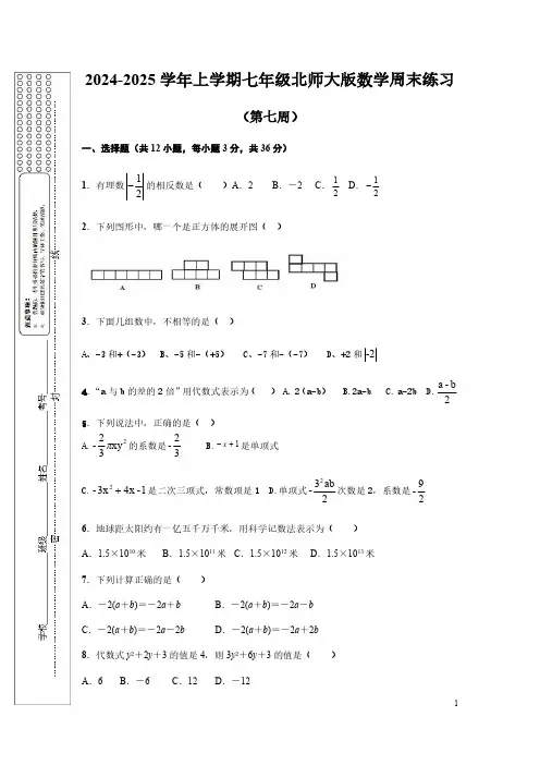 2024-2025学年北师大版七上数学第7周周末作业