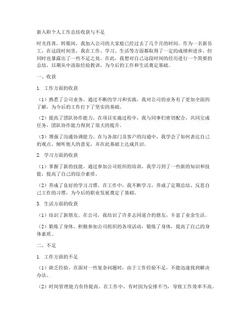 新入职个人工作总结收获与不足