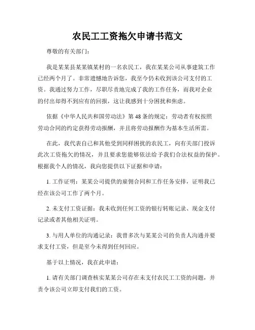 农民工工资拖欠申请书范文