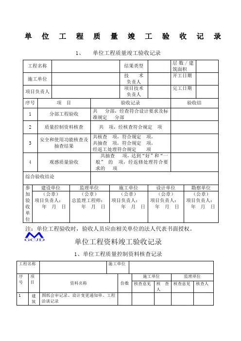 单位工程质量竣工验收记录