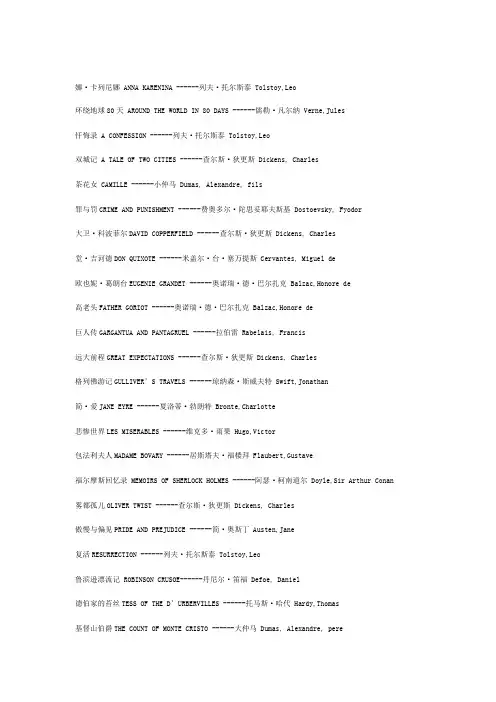 世界名著及作者英文名表达