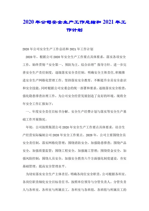 2020年公司安全生产工作总结和2021年工作计划.docx