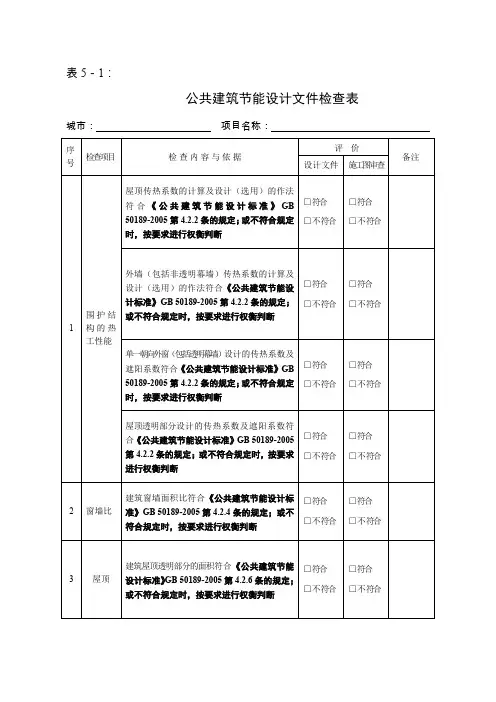 公共及居住建筑节能设计文件检查表之一-公共建筑节能设计文