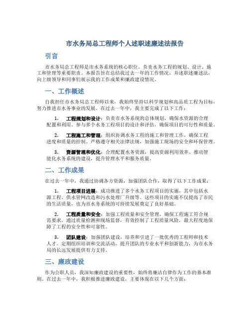 市水务局总工程师个人述职述廉述法报告