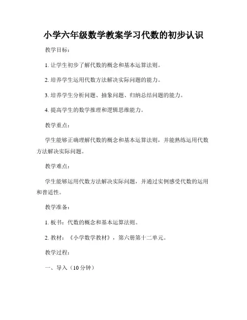 小学六年级数学教案学习代数的初步认识