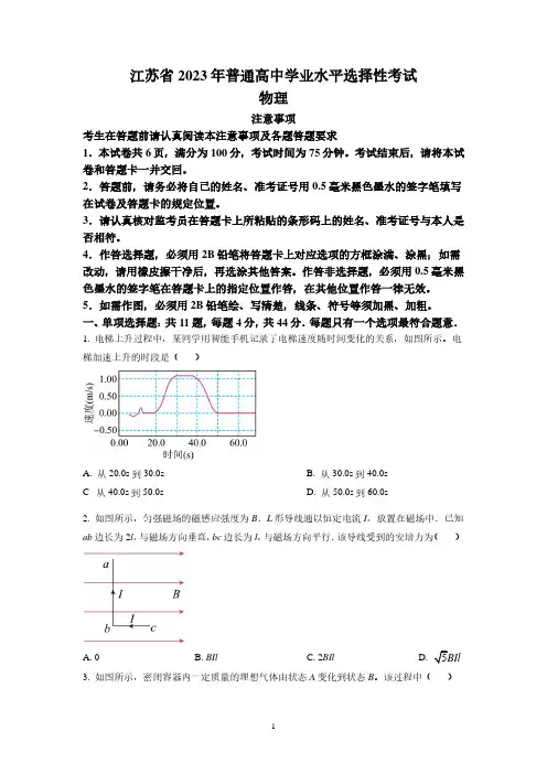 2023年高考物理真题：江苏卷物理真题及答案