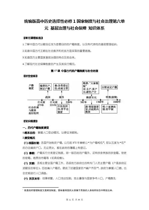 统编版高中历史选择性必修1国家制度与社会治理第六单元 基层治理与社会保障 知识体系