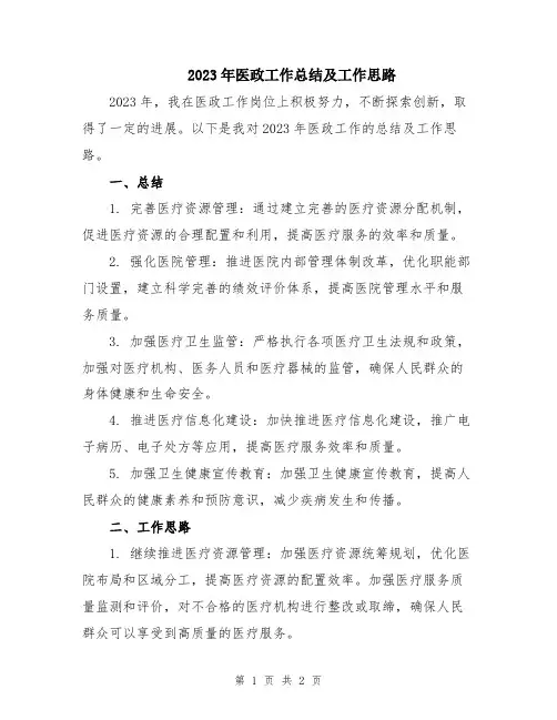 2023年医政工作总结及工作思路