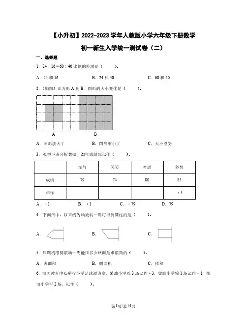 小升初2022-2023学年人教版小学六年级下册数学初一新生入学统一测试卷(二)含答案