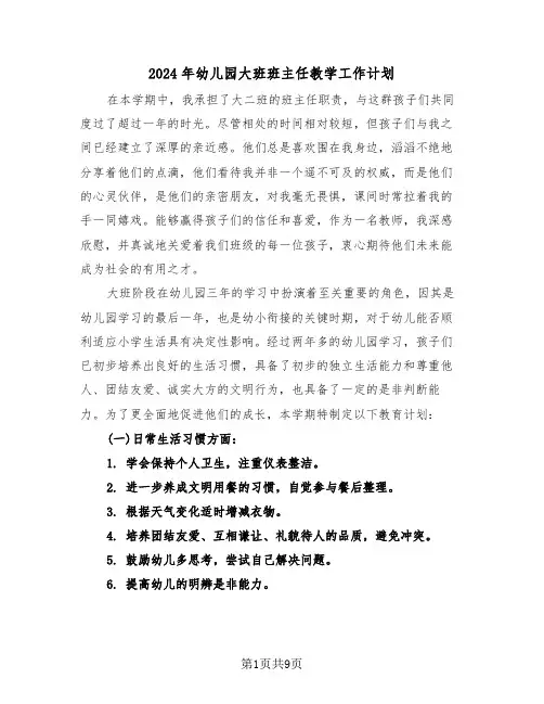 2024年幼儿园大班班主任教学工作计划（6篇）