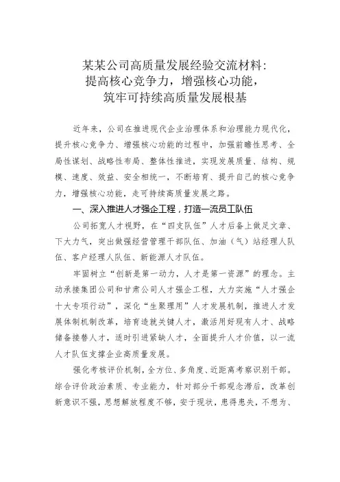 某某公司高质量发展经验交流材料：提高核心竞争力,增强核心功能,筑牢可持续高质量发展根基