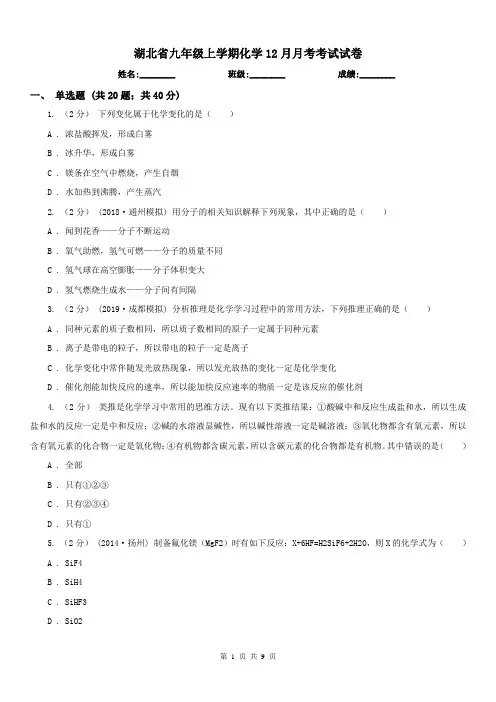 湖北省九年级上学期化学12月月考考试试卷
