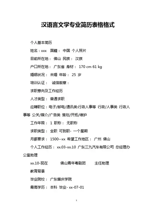 汉语言文学专业简历表格格式