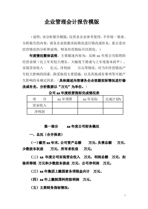 企业管理会计报告模版