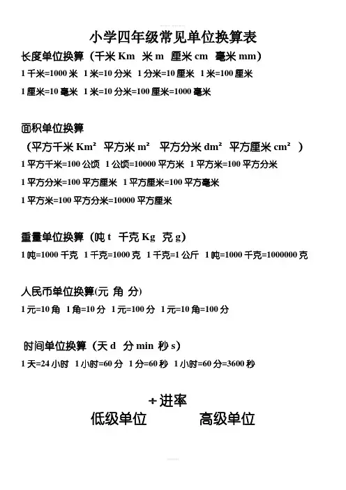 小学四年级常见单位换算表