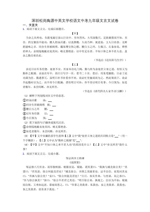 深圳松岗陶源中英文学校语文中考九年级文言文试卷