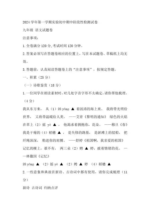 浙江省绍兴市诸暨市实验初级中学2024-2025学年九年级上学期期中阶段性检测语文试卷(含答案)