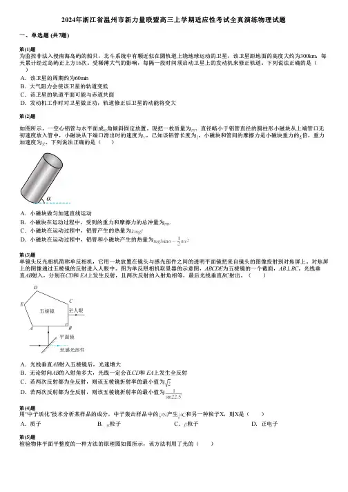 2024年浙江省温州市新力量联盟高三上学期适应性考试全真演练物理试题
