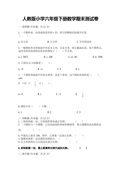 人教版小学六年级下册数学期末测试卷及参考答案【典型题】