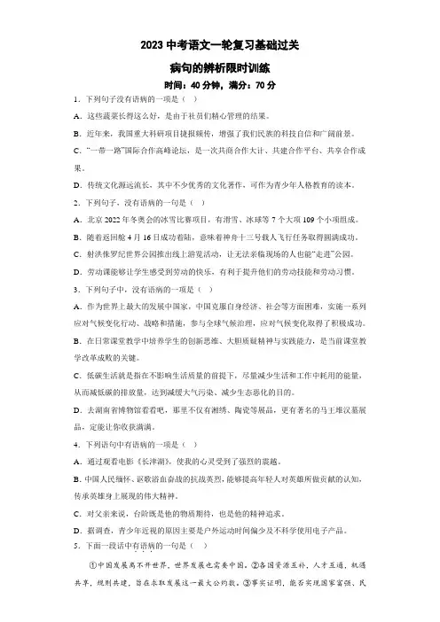 病句的辨析限时训练+++2023年中考语文一轮复习基础过关