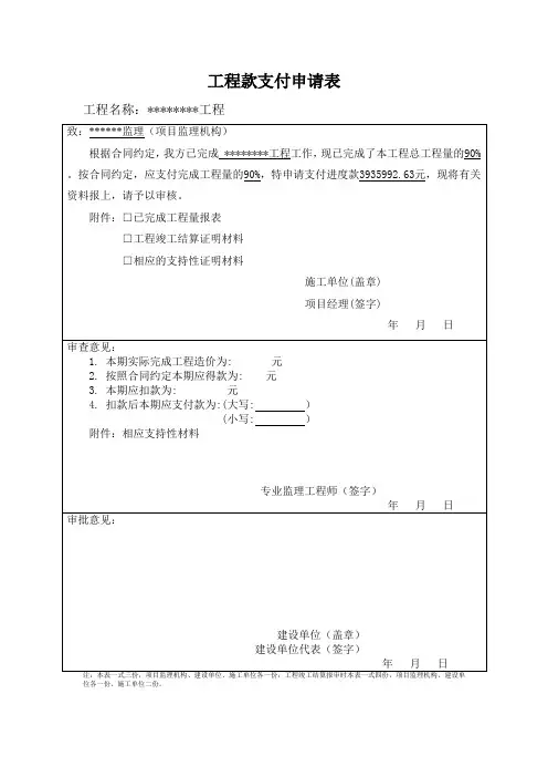 施工单位工程款支付申请表