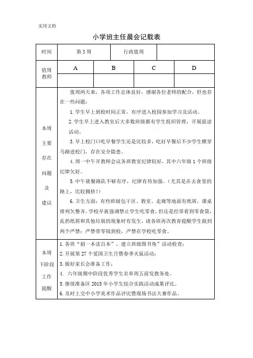 班主任晨会记载表(第7周)