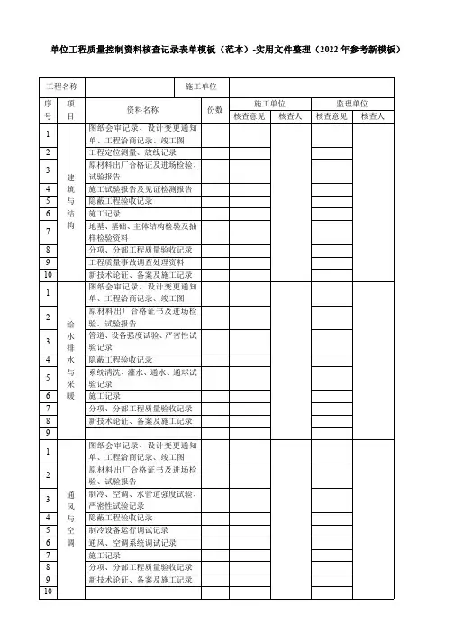 单位工程质量控制资料核查记录表单模板(范本)-实用文件整理(2022年参考新模板)
