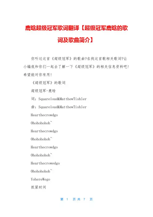 鹿晗超级冠军歌词翻译【超级冠军鹿晗的歌词及歌曲简介】