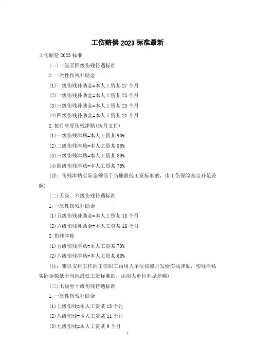 工伤赔偿2023标准最新