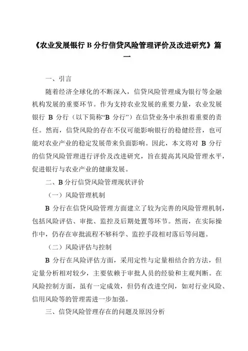 《农业发展银行B分行信贷风险管理评价及改进研究》范文