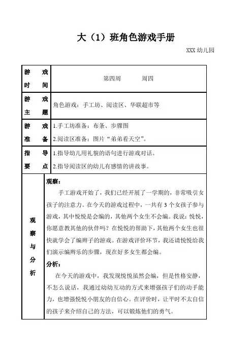 大班下学期第4周 角色游戏记录表