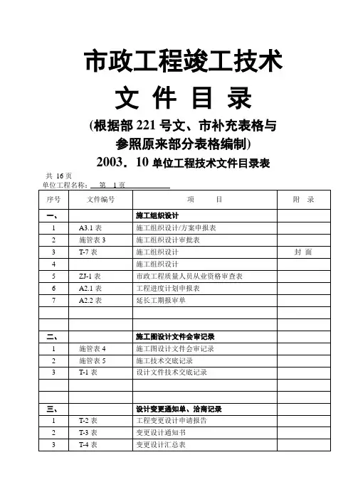 市政工程竣工资料目录