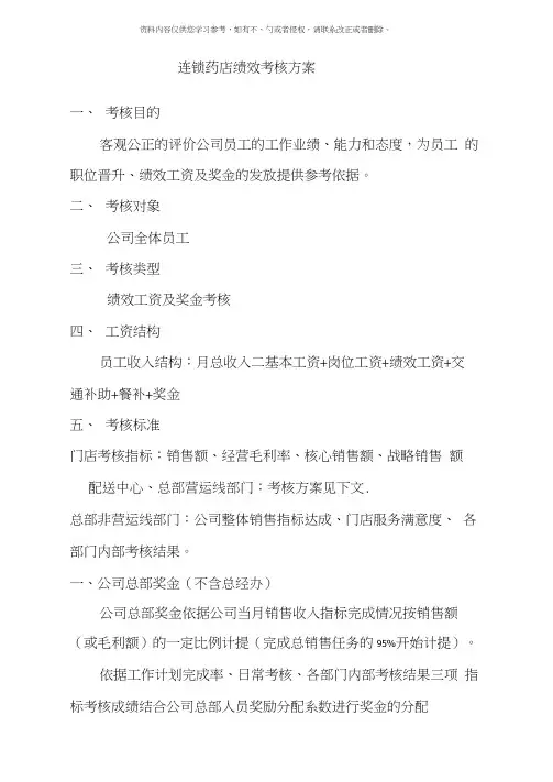 连锁药店绩效考核方案样本