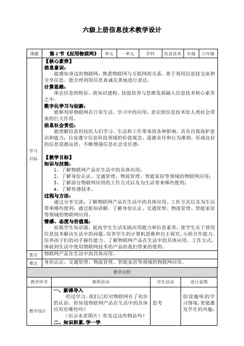 六年级上册信息技术1.2《应用物联网》川教版 