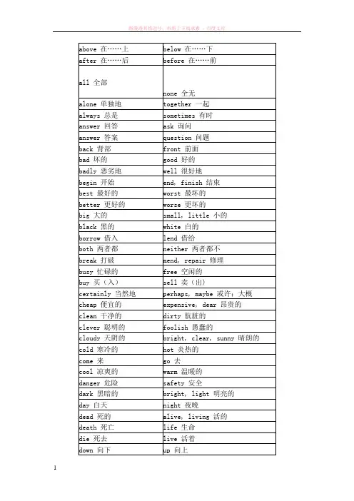 初中英语反义词大全