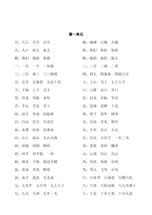 部编一年级语文上册词语汇总