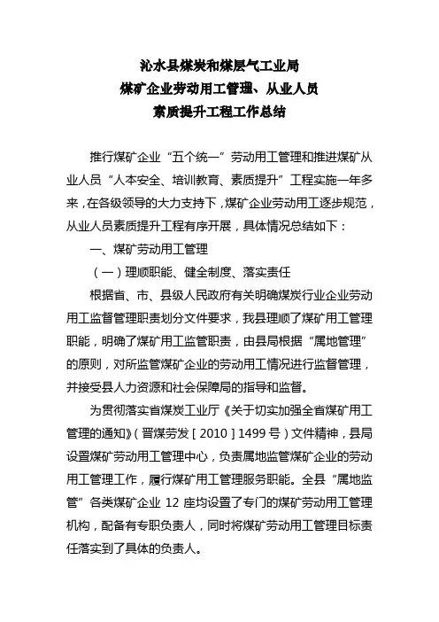 煤矿企业劳动用工管理和素质提升工作总结