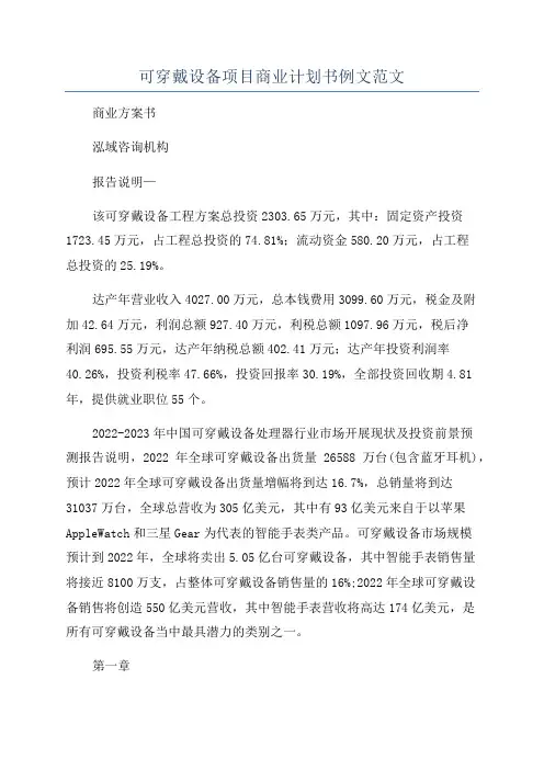 可穿戴设备项目商业计划书例文范文