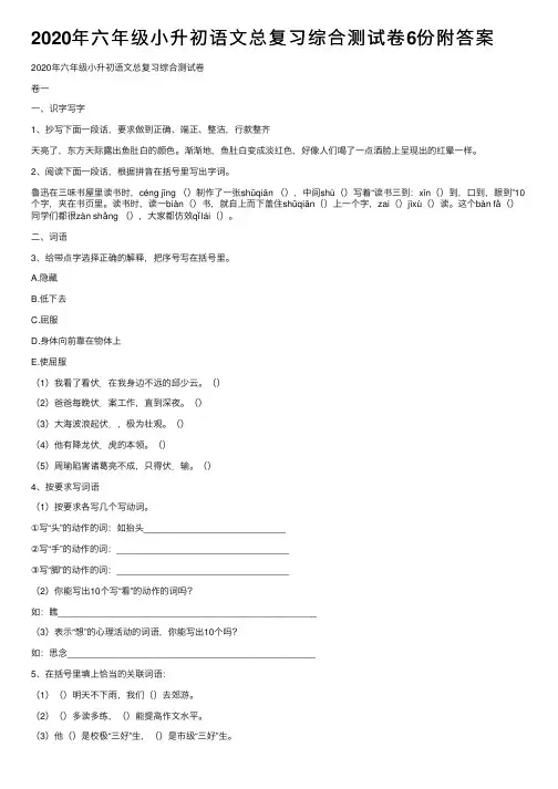2020年六年级小升初语文总复习综合测试卷6份附答案